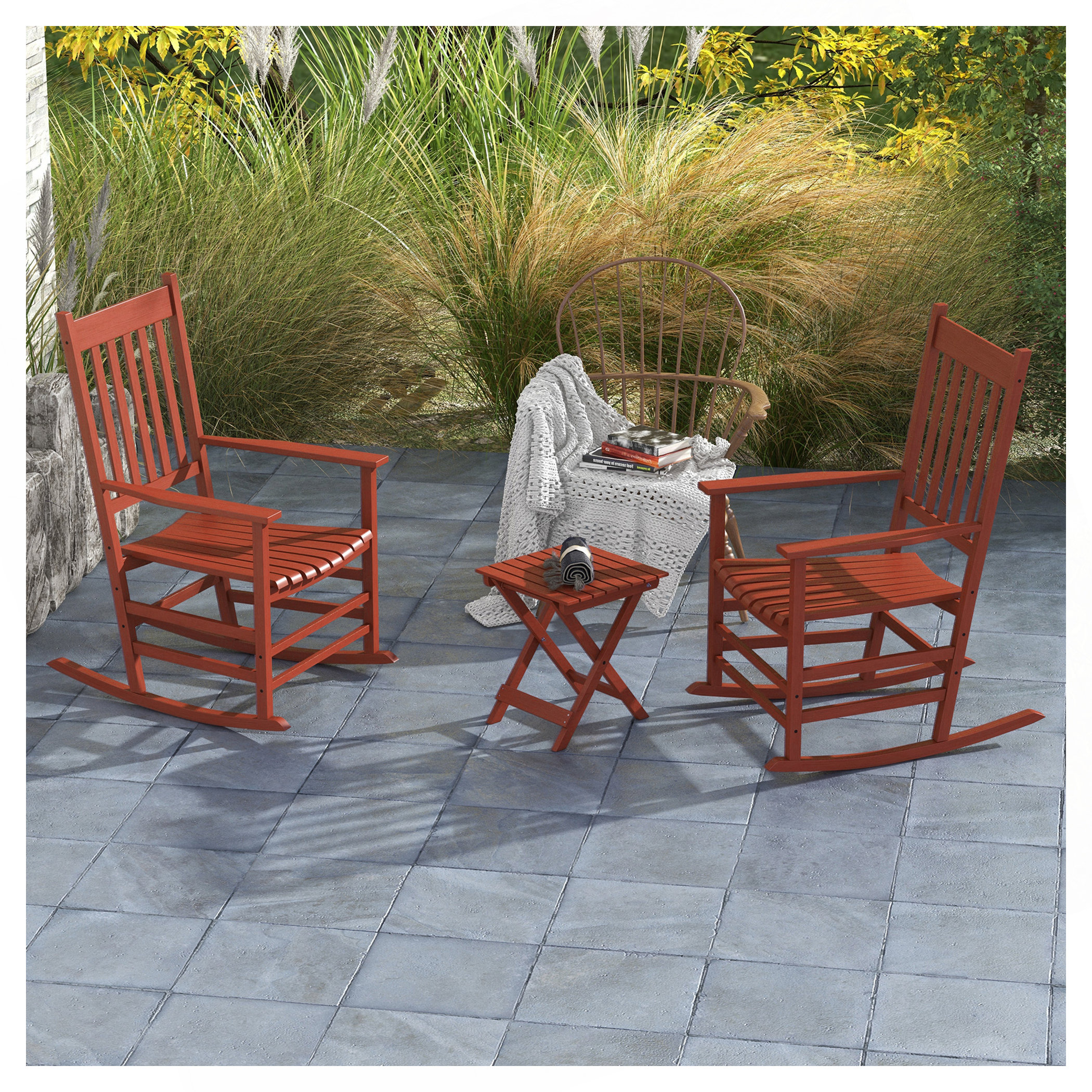Mini Red Rocking Chair Red Barrel Studio Outdoor Rocking Chair Set of 2 with Side Table, Patio ...