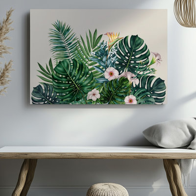 Toile, scène botanique tropicale vibrante mettant en vedette une variété d'art mural luxuriant avec des feuilles vertes et des feuilles de Monstera iconiques