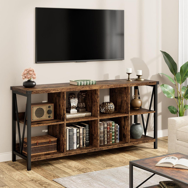 62" 8-Cube Console Table Storage Organizer, 3-Tier Metal Horizontal Bookcase for Living Room Office, Brown