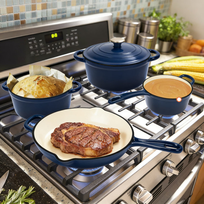 Batterie de cuisine en fonte émaillée avec couvercles, casseroles et poêles antiadhésives 7 pièces, allant au four jusqu'à 500 ° F pour la cuisson, le rôtissage et toute la cuisson sur la cuisinière
