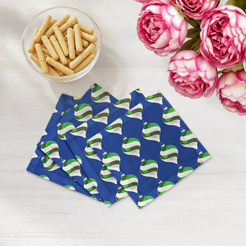 Xmas Ornament Cotton Sateen Cocktail Napkins, Blue