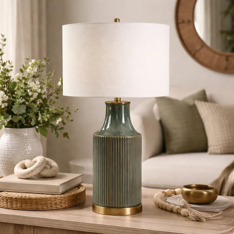 Lampe de table, abat-jour en lin blanc, base en céramique nervurée, bleu vert 27 po