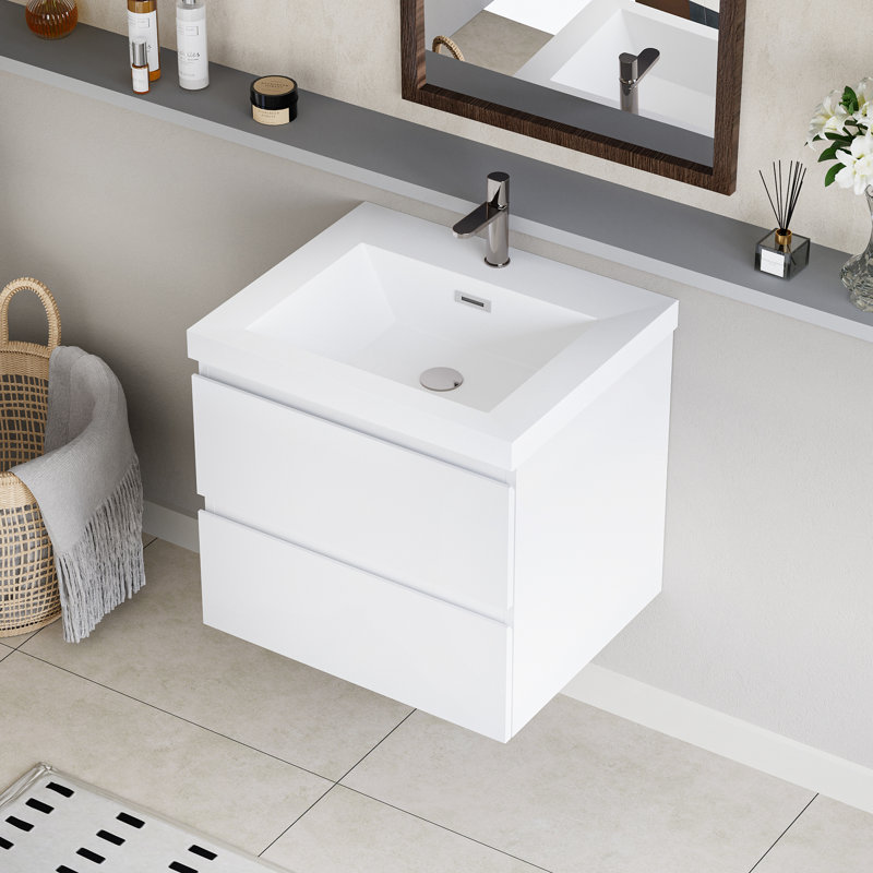 Meuble-lavabo mural de 76 cm avec vasque. Vasque en résine, tiroirs à fermeture amortie. Blanc brillant 24v11-30gw. Élément de rangement élégant et pratique à poser.