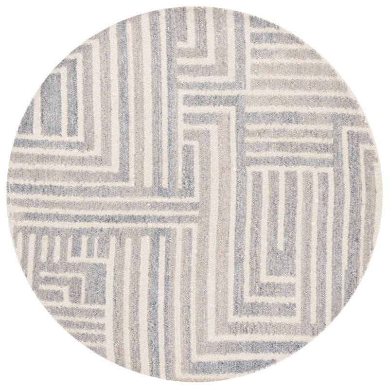 Tapis rayé bleu / ivoire en laine / coton touffeté à la main Nedin, Rond 6 pi