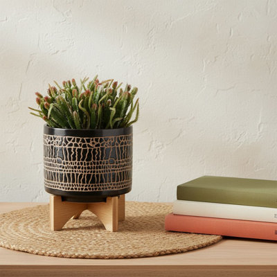 Black Ceramic Pot Planter with Wood Stand