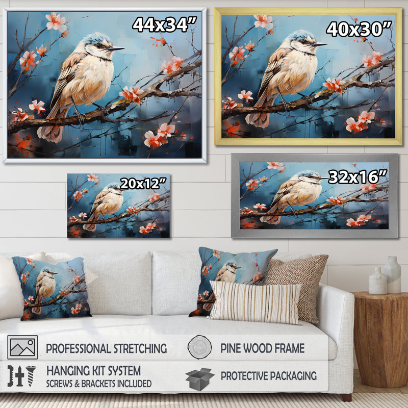 «Winter Birds On Snowdrops Branch» sur toile, H 24 po x l 32 po x P 1 po, Cadre simple blanc