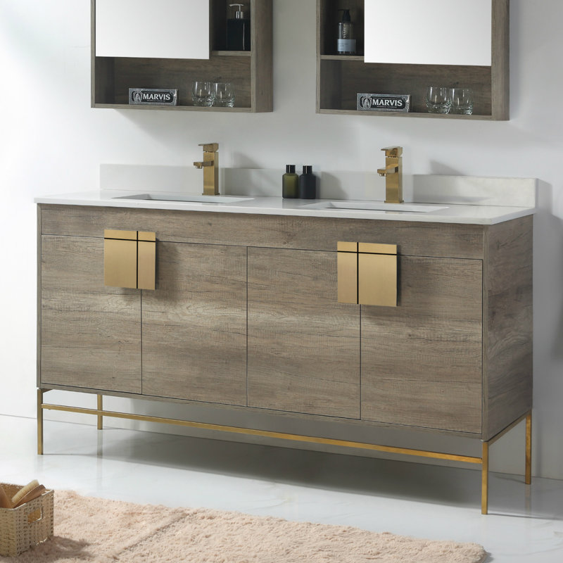 Ensemble de meuble-lavabo double 60 po Tortola, Gris ombré, Laiton satiné