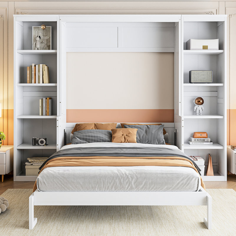 Lit blanc avec bureau et bibliothèque, solution pleine grandeur et peu encombrante, Lit double