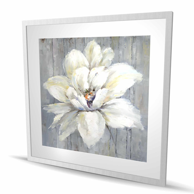Fleur blanche sur bois - reproduction botanique encadrée pour la décoration intérieure, H 36 po x l 36 po, Argent argent
