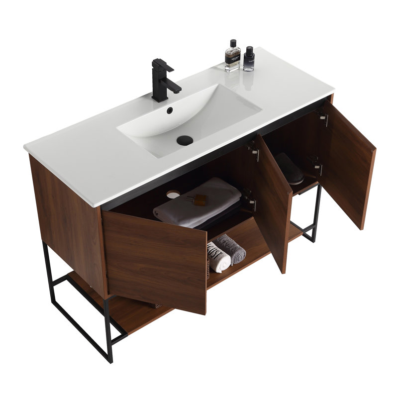 Carliana 48'' Double Bathroom Vanity with Ceramic Top, Walnut