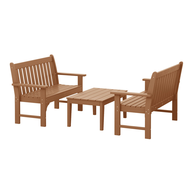 Poly 3-Piece Bench With Coffee Table, 3 Pcs: 1 Coffee Table, 2 Benchs, Brown