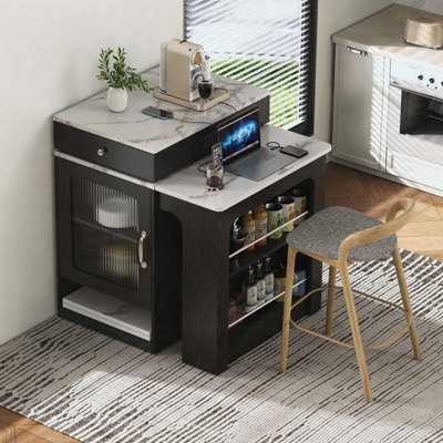 59.5" Kitchen Island with Extendable Dining Table, Kitchen Storage Table with Double-sided Storage, Kitchen Island with 2 Drawers, Power Outlet, Side
