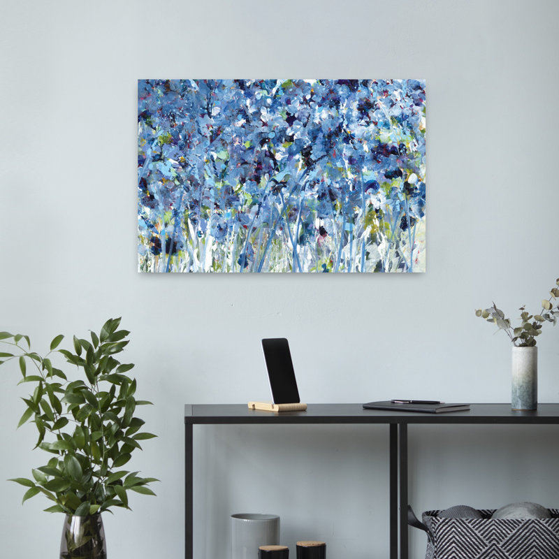 Fleurs sauvages en bleu abstrait art floral contemporain, H 16 po x l 24 po