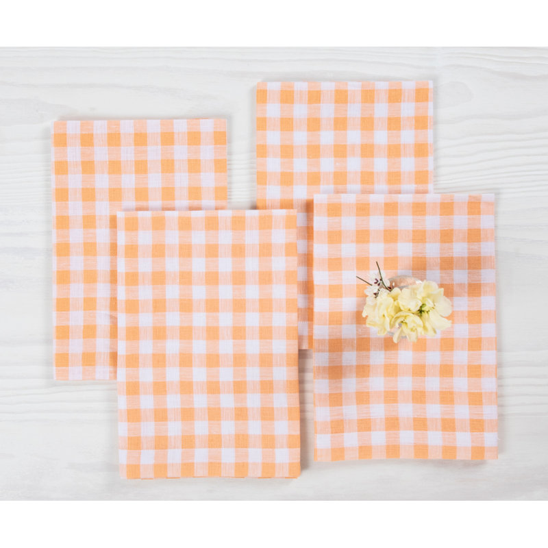 Gingham Check - 100% Pure Linen Dinner Napkins, Sunny Orange