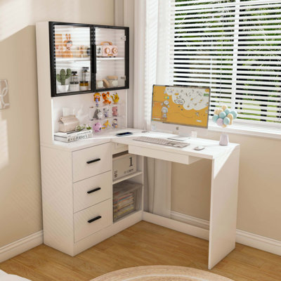 Bureau d'ordinateur avec armoires en verre avec lumières DEL intégrées, bureau de coin en L avec ports de chargement USB, plateau à clavier, conception ergonomique pour les espaces de travail à domicile et en entreprise