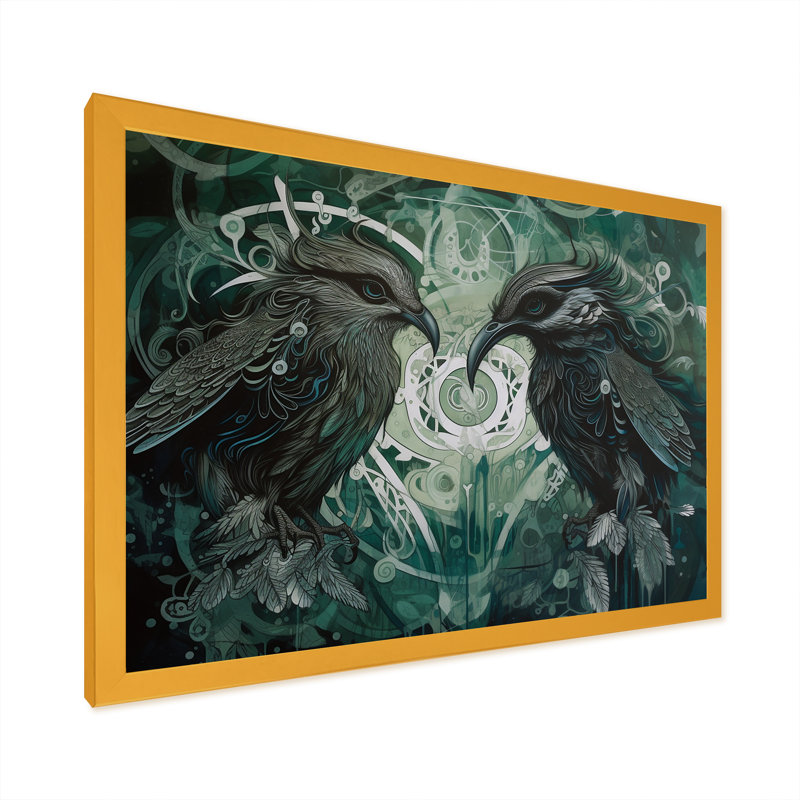 Corbeau noir en vert rétro - imprimé, Encadrement doré, H 30 po x l 40 po x P 1,5 po