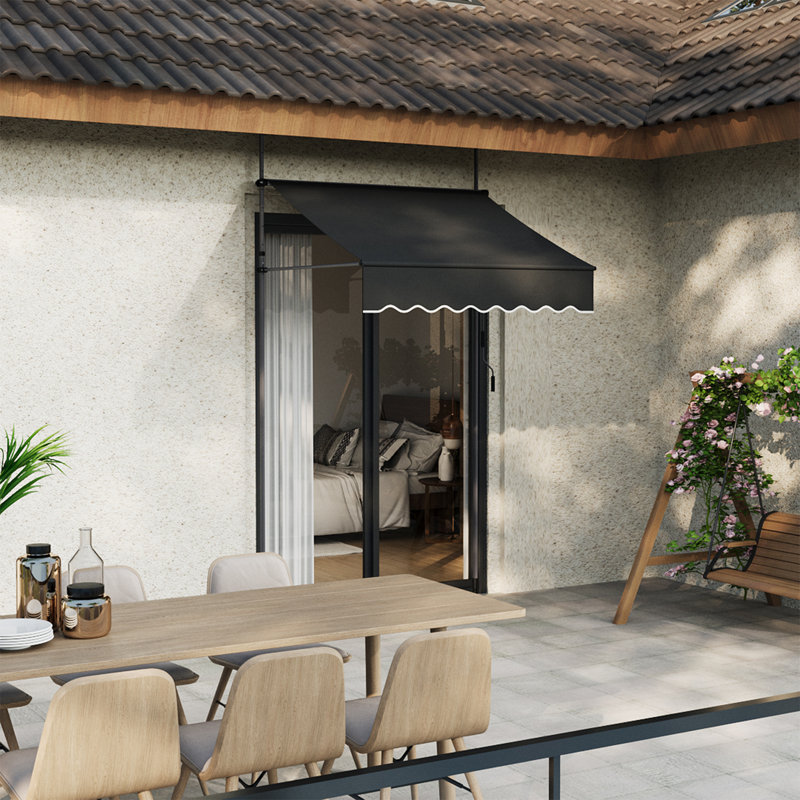 Living And Home 115cm D Polyester Cover Retractable Patio Awning, 305cm H x 150cm W x 115cm D, Solid Colour, Black