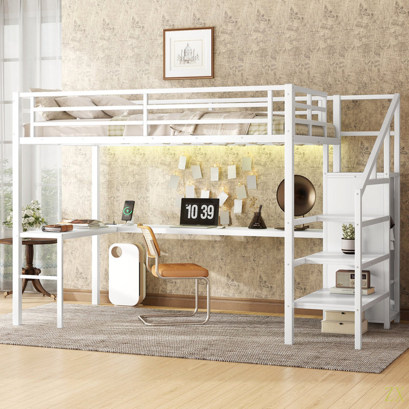 Lit mezzanine double avec bureau en L et port USB, lit mezzanine en métal avec garde-robe et tablette réglable, lit mezzanine haut avec DEL pour enfants, adolescents, adultes