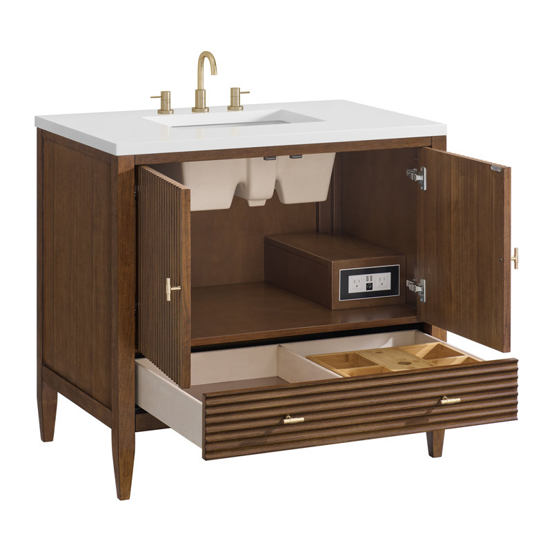 Meuble-lavabo simple l 36 po Myrrin, Noyer style Mid-Century, Blanc Zeus, 8 po