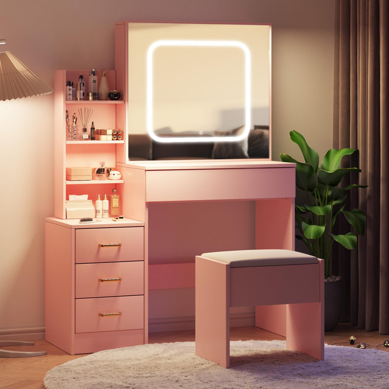 Vanity Desk With Sliding Mirror And Lights, Pink