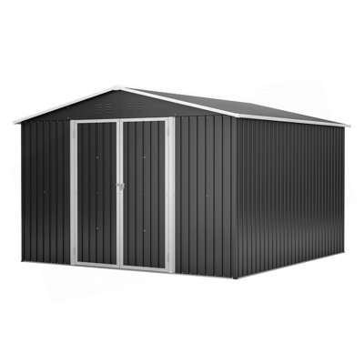 10x10 FT Large Outdoor Metal Storage Shed - Updated Heavy-Duty Frame & Lockable Double Doors, All-Weather Utility Garden Shed for Backyard, Lawn, Patio Tools & Equipment, Black