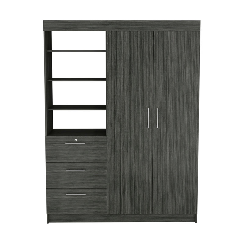 Armoire Kenya avec porte double, trois tiroirs, tablette à 3 niveaux et double tringle, null