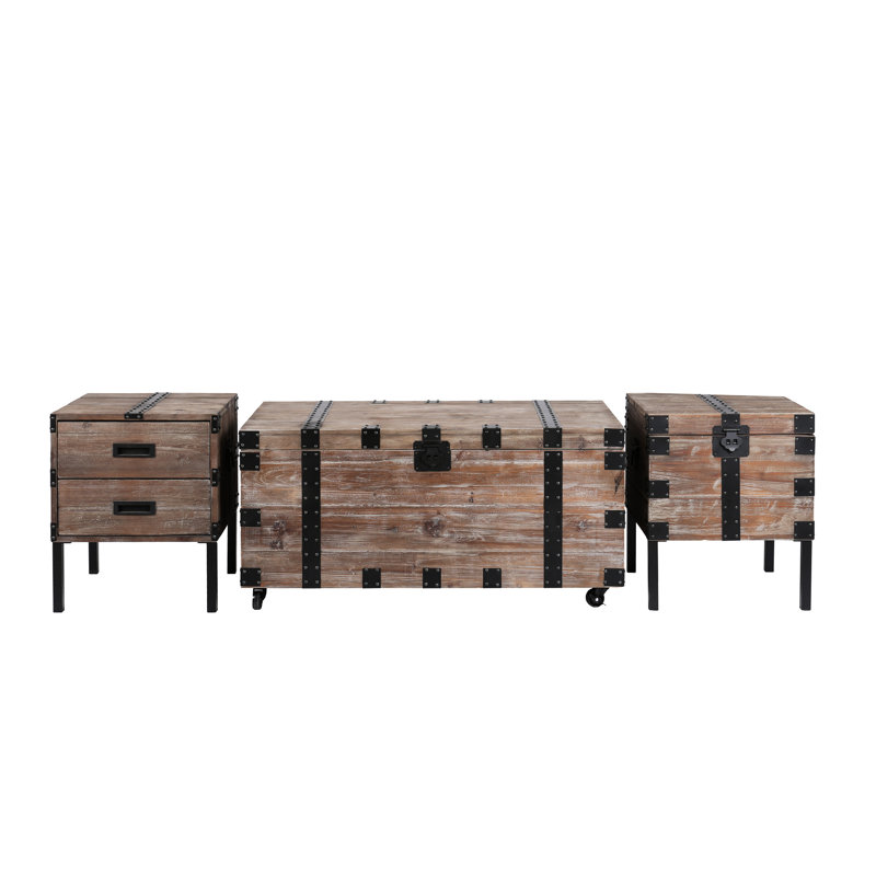 Table d'appoint et coffre gris antique S / 3 - Bois massif avec vaste espace de rangement intérieur