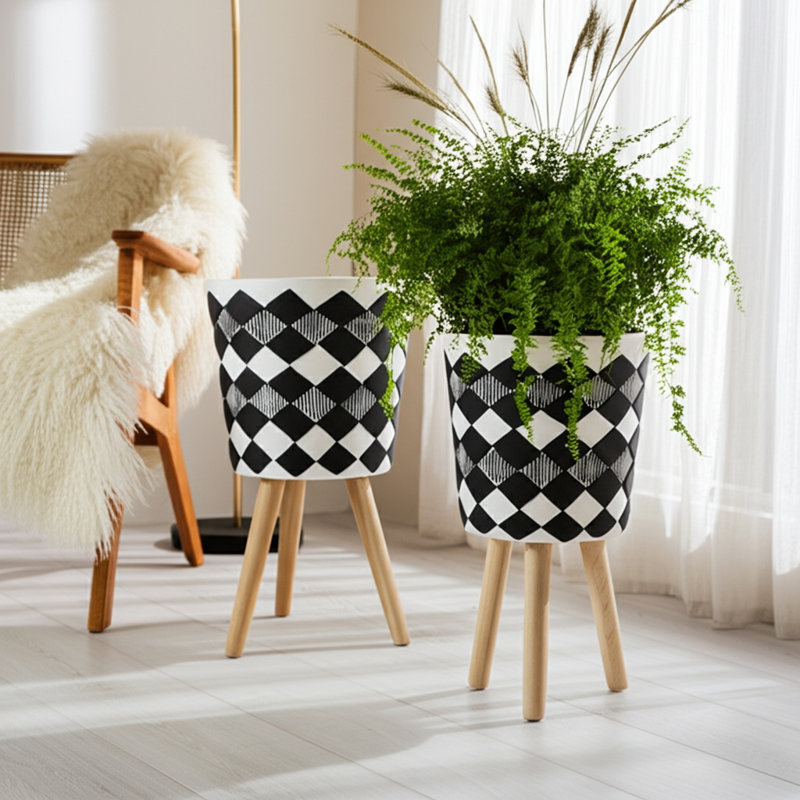 Balmorhea Resin and Wood Planters with Ribbed Design and Magnesia Construction, Set of 2, 12" H x 12" W x 12" D, White/Black