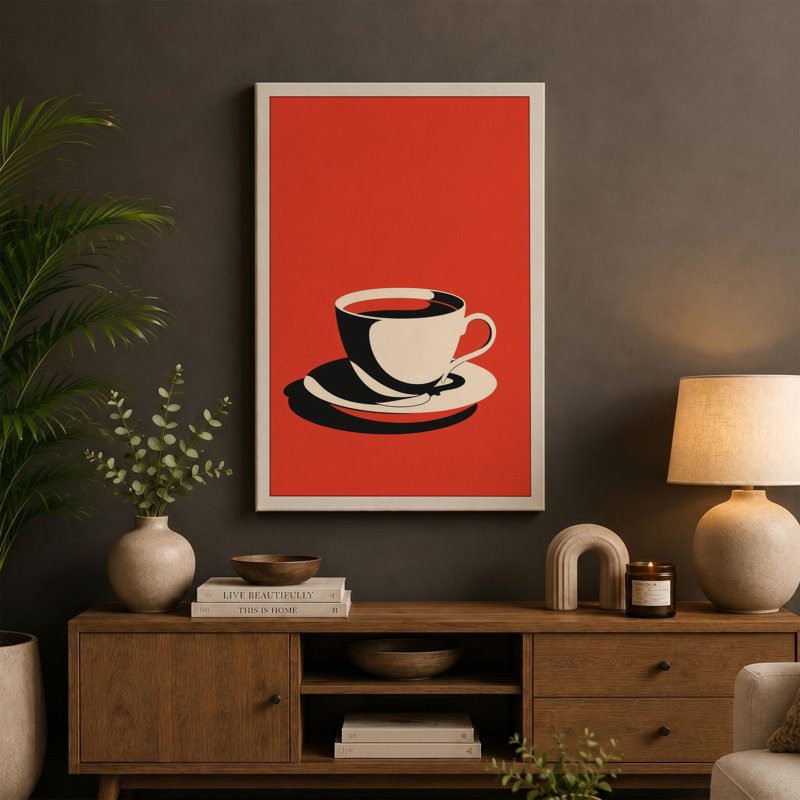 Retro Coffee Cup Mid-Century - Wrapped Canvas, 24x16 - 61.0 x 40.6 cm, Terracotta Border