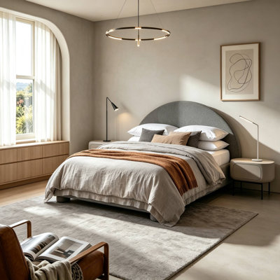 Low‑Profile Boucle Upholstered Platform Bed Frame, Round Curved Headboard, No Box Spring Needed