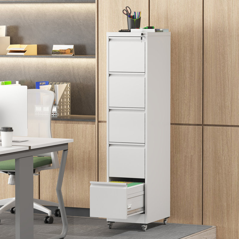 Classeur vertical à 5 tiroirs, roulettes pour la mobilité, rangement en métal de format A4 / lettre / légal, blanc, P 17,71 po x l 15,15 po x H 65,51 po, système de verrouillage sécuritaire, fonctionnement silencieux des tiroirs