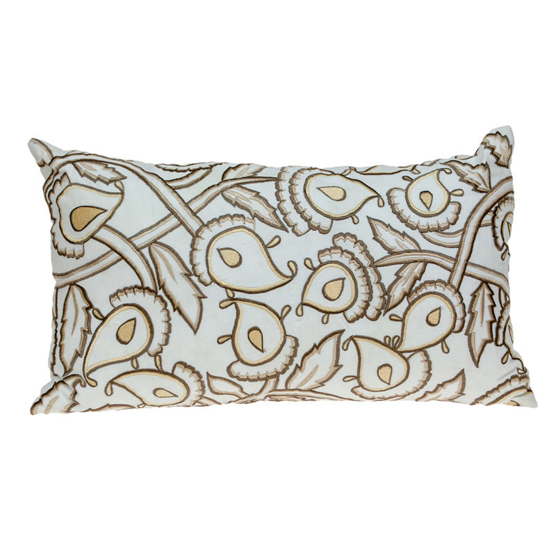 Coussin lombaire 14 po x 24 po en coton brun et blanc avec broderie