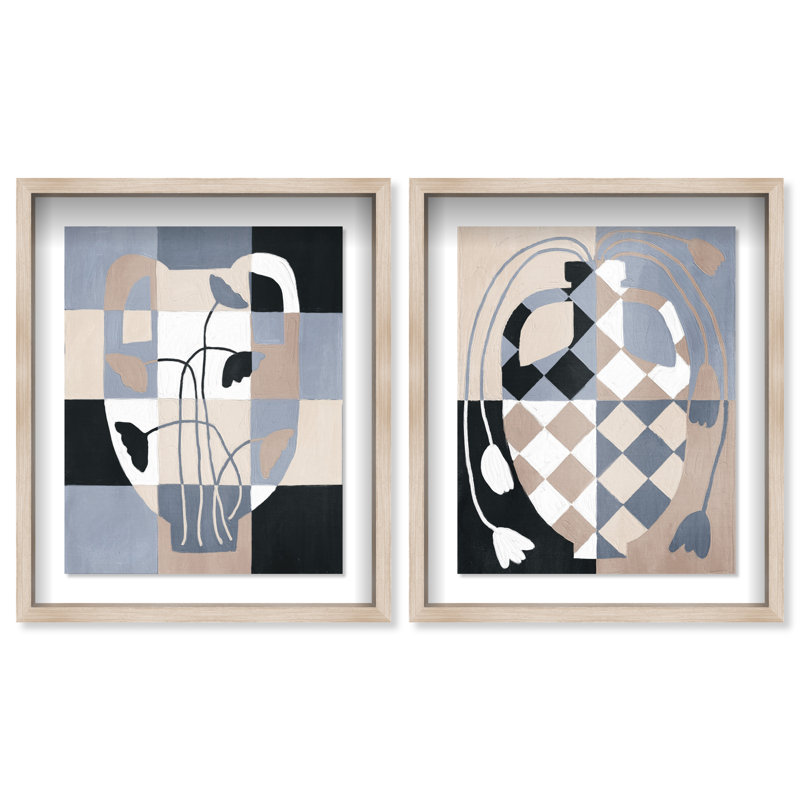 Checkered Boheme Set Shadowbox Abstract Print by Oliver Gal, Black Frame, 16 x 20, 63"H x 51"W, Natural Oak Shadowbox