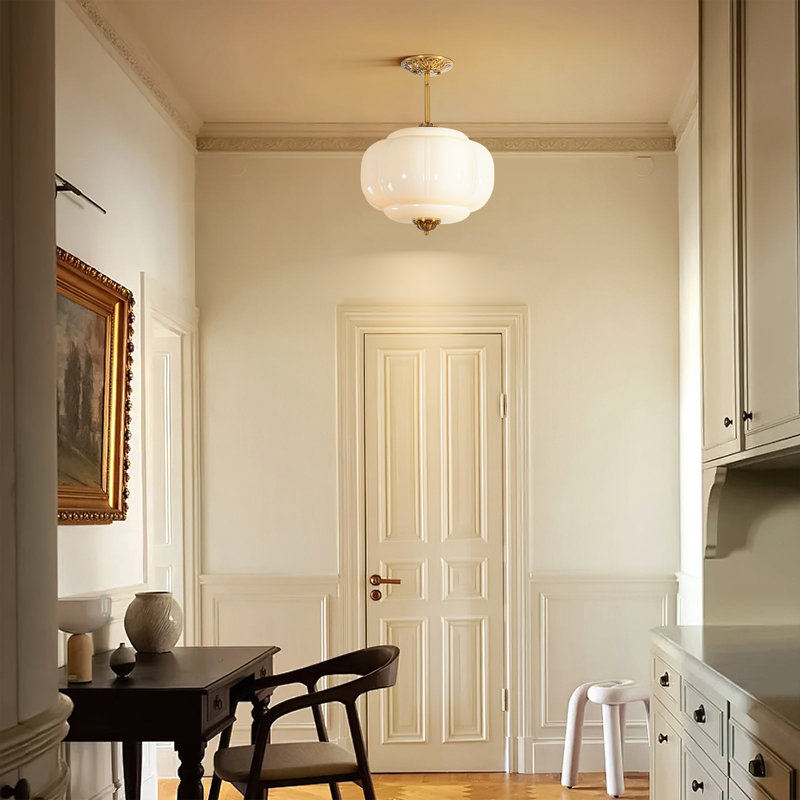 Glint 1 - Light 15" Schoolhouse Brushed Brass Semi-Flush Mount Ceiling Light for Dining Room, Cream