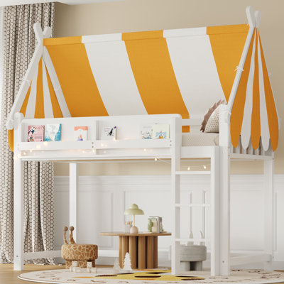 Twin Size Loft Bed with Canopy, LED Lights & Book Shelf – Solid Wood Kids Loft, White