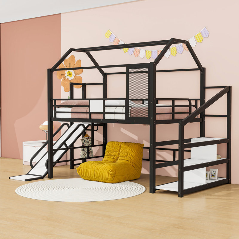 Metal House-Shaped Loft Bed With Stairs And Slide, Black, Full
