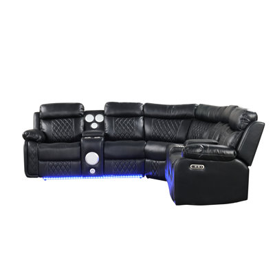 Élégant canapé modulaire noir avec porte-gobelets, haut-parleurs et ambiance confortable à DEL, rangement console, double alimentation