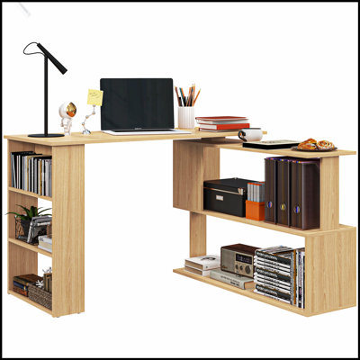 Bureau d'angle en L avec tablettes de rangement rotatives à 360 degrés, parfait pour le bureau à domicile et pour optimiser l'espace.