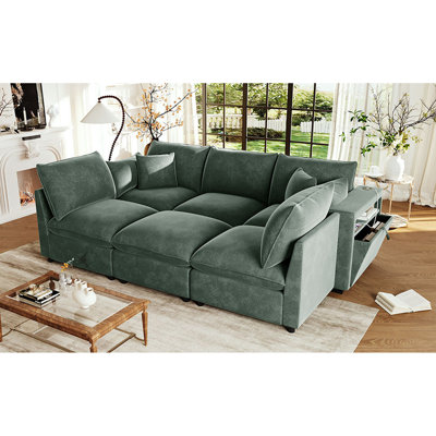 Canapé modulaire moderne en U avec repose-pieds mobile, accoudoirs de rangement et ports USB pour des espaces de vie polyvalents