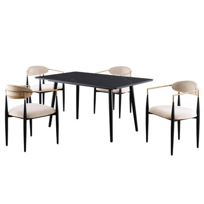 Contemporary 5pc Dining : Black Sintered Stone Table And Taupe Upholstered Seating Group Modern With Chairs For 4