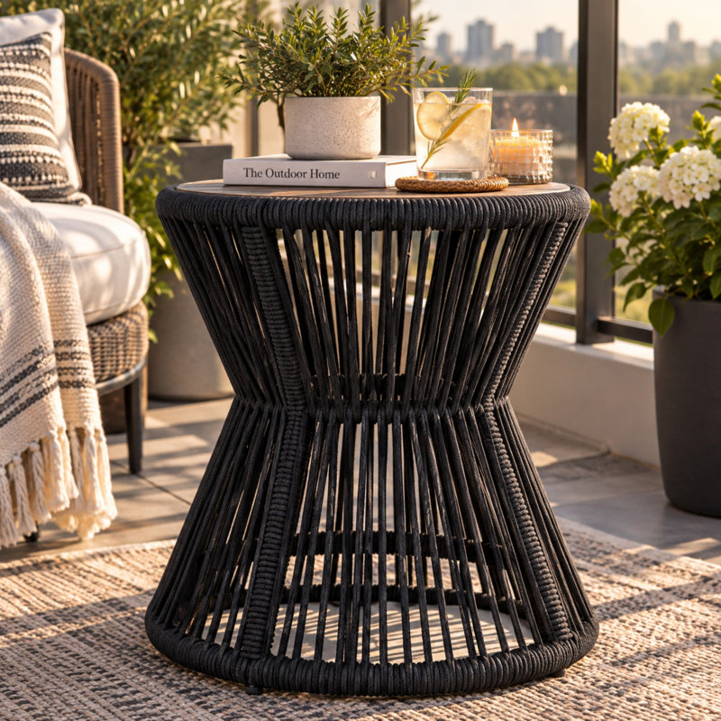 Table d'appoint de patio Atuvhel 48 cm (18,9 po) avec dessus en bois massif, piètement en corde et structure en fer, Noir