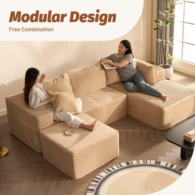 Modular Sofa for Living Room, L-Shaped Left Chaise, 272cm Foam Sofa System for Living Room, Corduroy,, Camel
