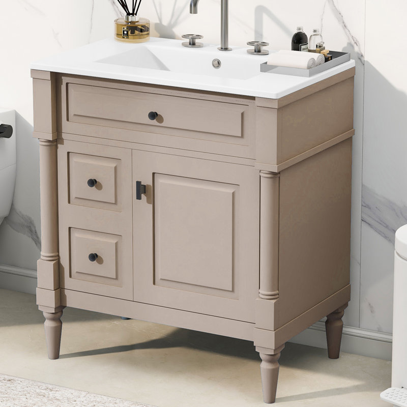 30"W Elegant Bathroom Vanity With Ceramic Sink, Light Brown