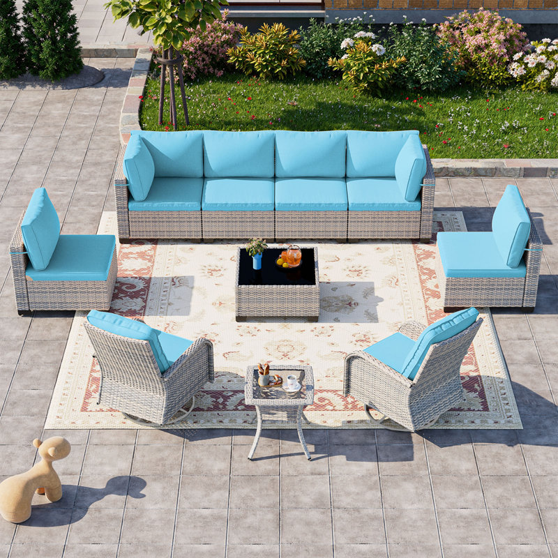10-Piece Patio Furniture Set, Outdoor Patio Furniture with Swivel Chairs Set, Thick Cushions, Modular Patio Sofa, Dual-Strand Wicker Rattan, Rust-Resistant Frame,