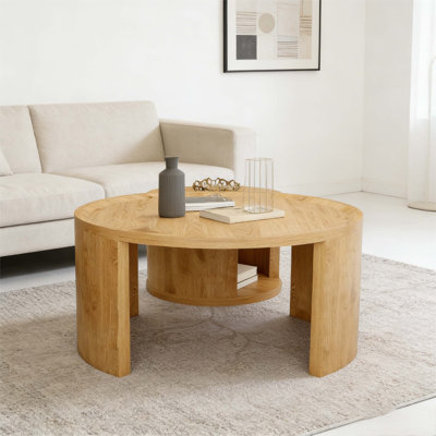 2-Piece Modern Round Nesting Coffee Table Set, Natural Wood Stacking Side Tables (31.5" Large + 18" Small), Minimalist Low Centre Table For Living Room & Small Spaces