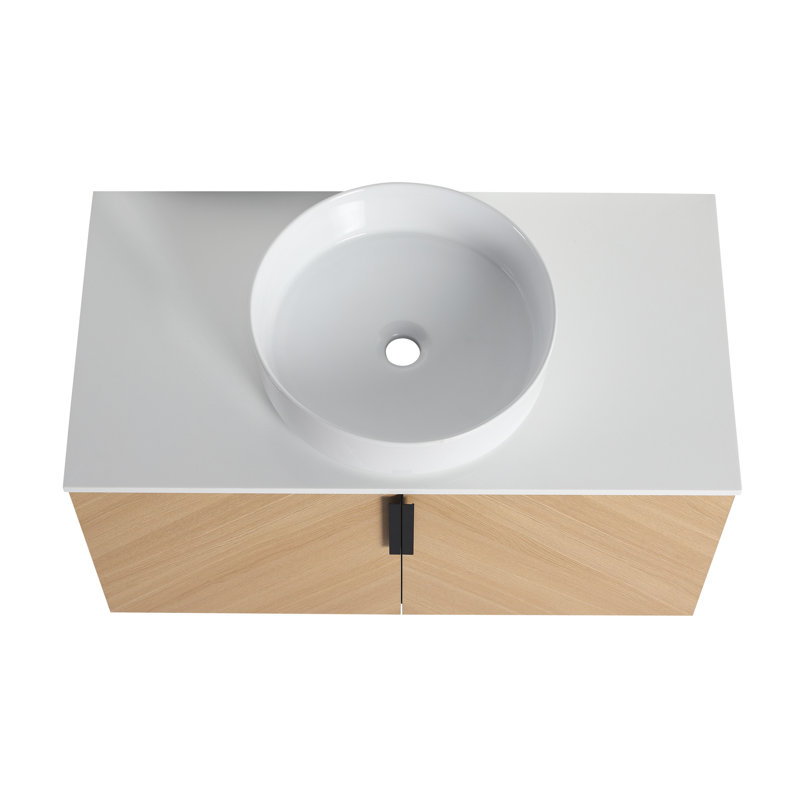 Meuble-lavabo 36 po avec lavabo d'art en céramique et dalle de pierre artificielle, porte à fermeture en douceur, 36