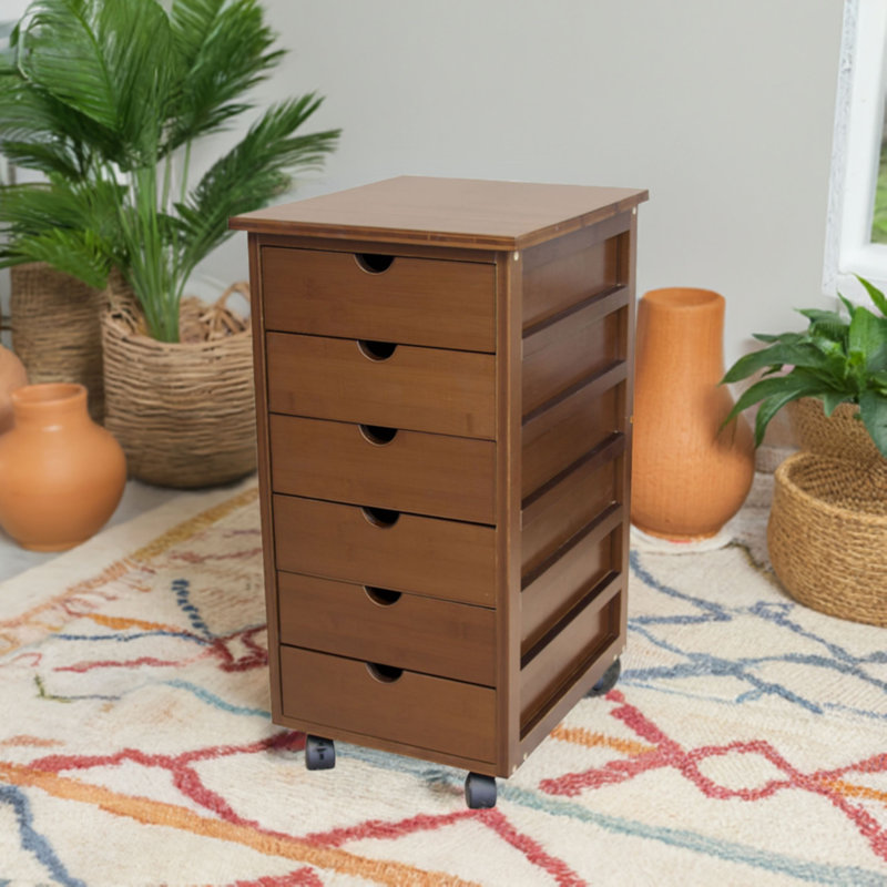 6 Drawer Storage Drawer with Locking Wheels, Caramel
