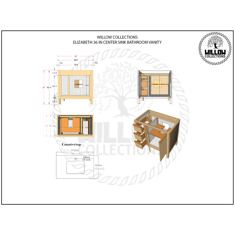 36'' Single Bathroom Vanity with Quartz Top, Calacatta Laza