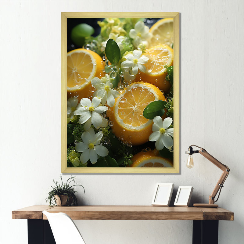 Chockla - Agrumes jaunes - collage sans couture I - impression, H 40 po x l 30 po x P 1,5 po, Encadrement doré