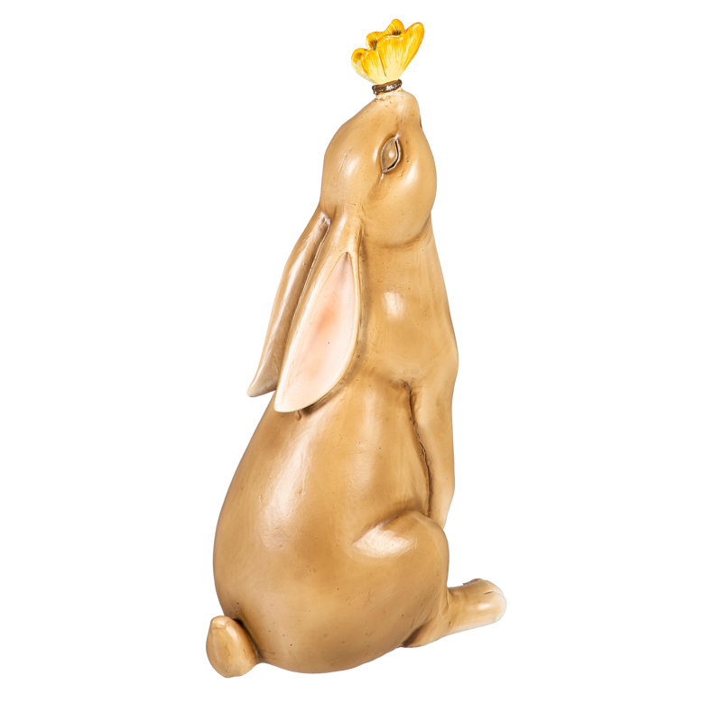 Statue lapin brun en résine avec papillon, H 10 po